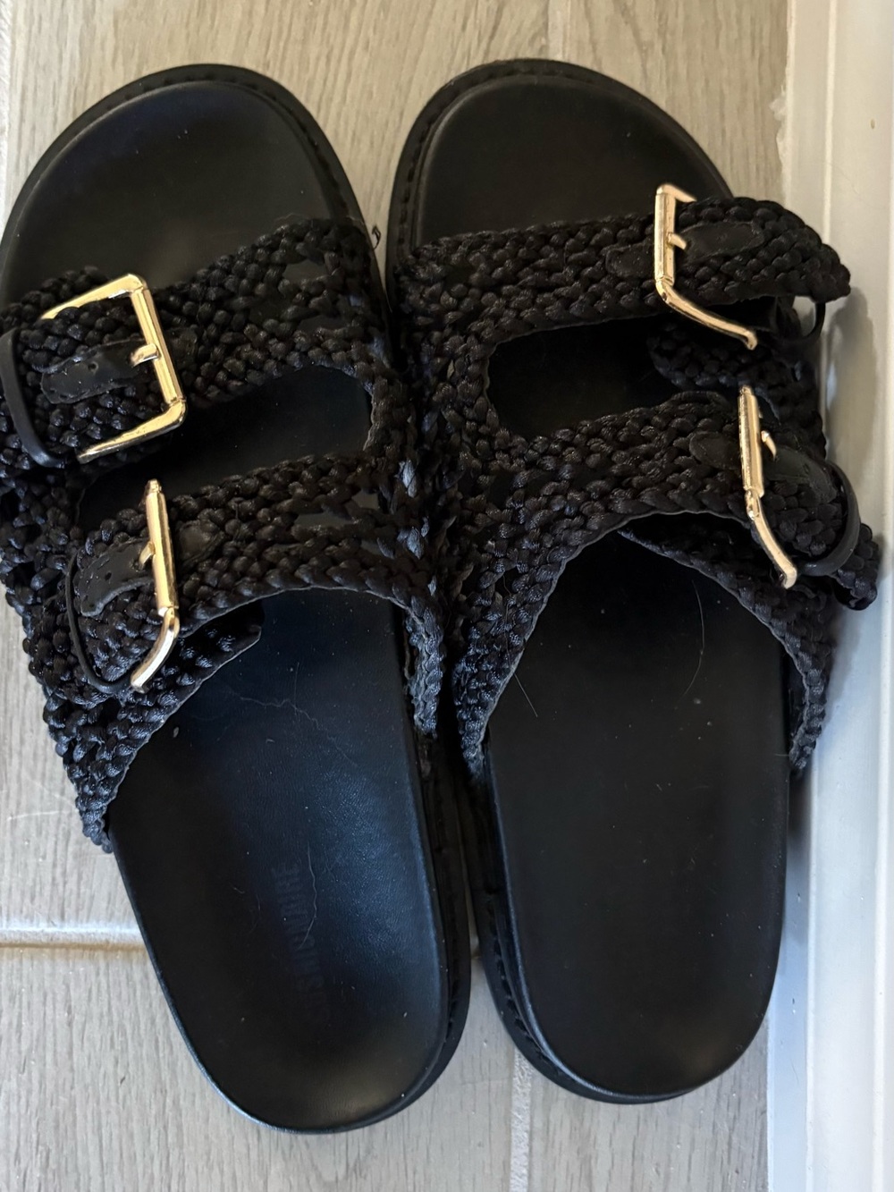 Women's Black Braided Double-Buckle Slide Sandals